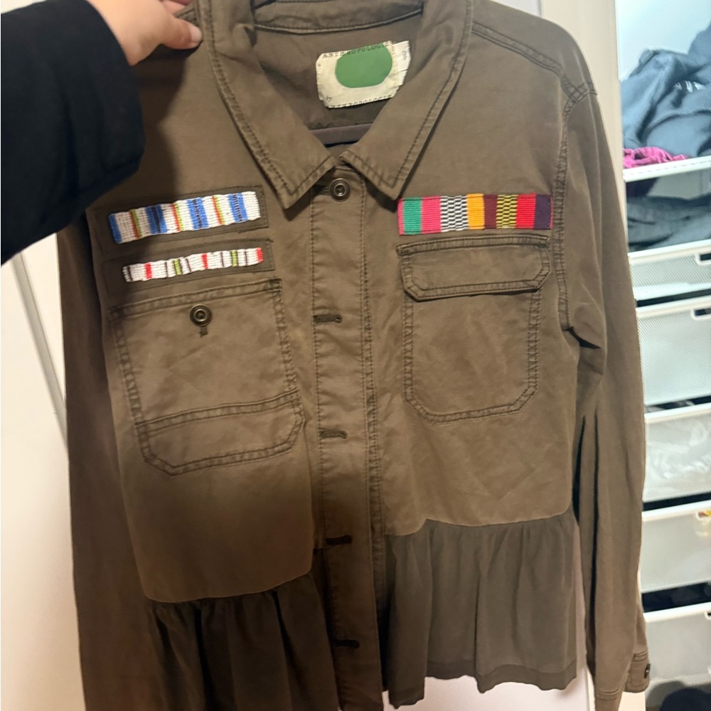 Anthropologie Khaki Utility Jacket with Embroidered Accents